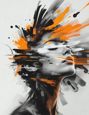 The primary subject of the image is a woman with a close-up of her face. She is looking upwards, possibly towards the sky. The setting is a black and white background, which adds a sense of drama and artistic expression to the scene. The visual style is a combination of digital art and illustration, creating a unique and captivating portrait. The colors and mood of the image are predominantly black and white, with a hint of orange, which adds a touch of warmth and contrast to the overall atmosphere.